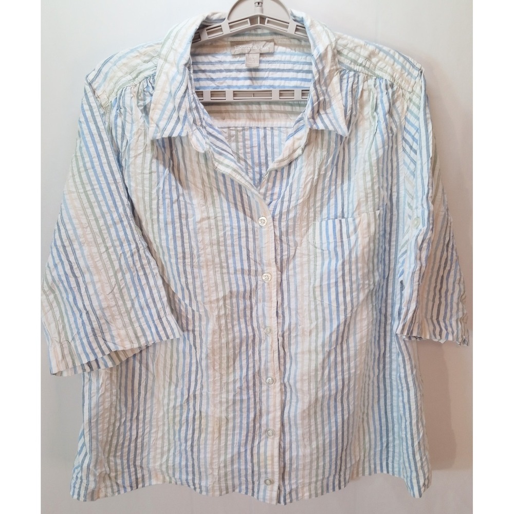 Woman Within Women's Button Up Roll Tab Short Sleeve Shirt, 1X, Pastel Stripes